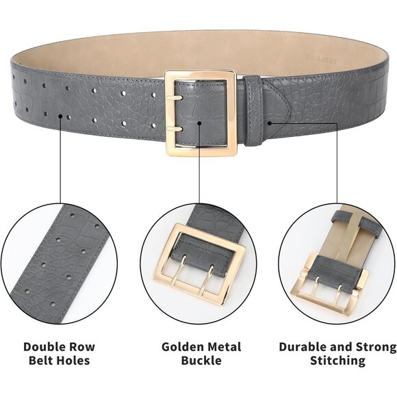 Women Leather Wide Fashion Thick Dress Belt With Gold Buckle Belt Grey Gold - Picture 4 of 7
